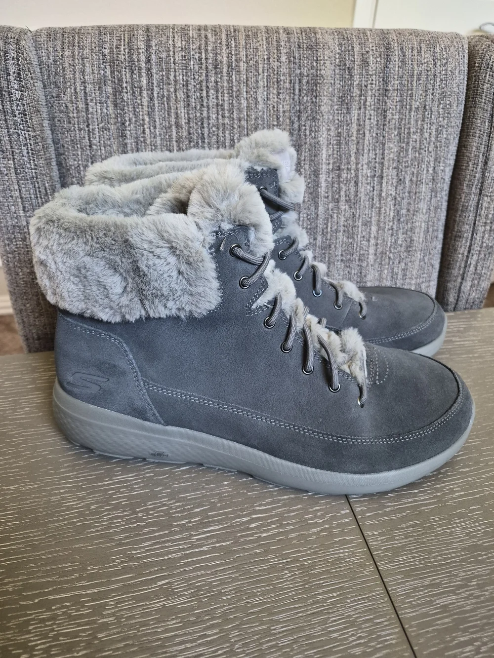 Skechers Winter Chill Gray Suede Faux-Fur Lined Lace-Up Winter Boots